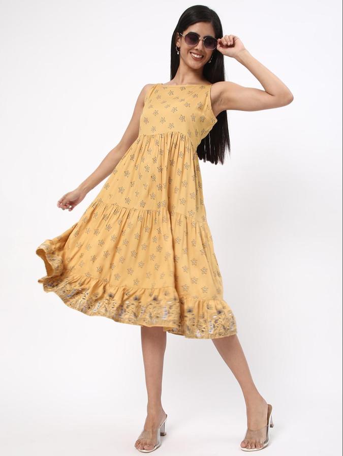R&B Mustard Floral Printed Women Sleeveless Dress
