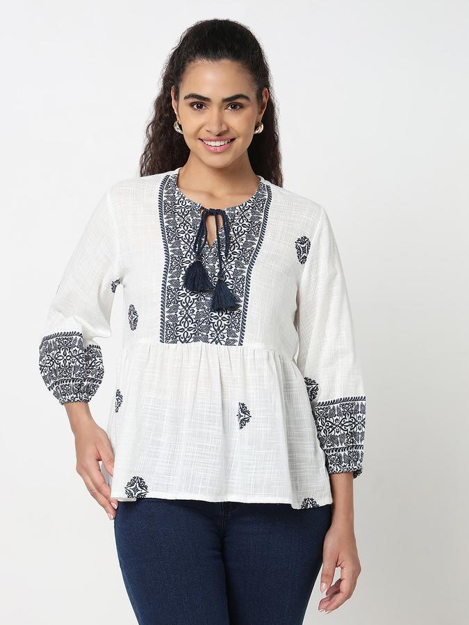 Women Cotton Blend Relaxed Fit Round Neck Embroidered Top