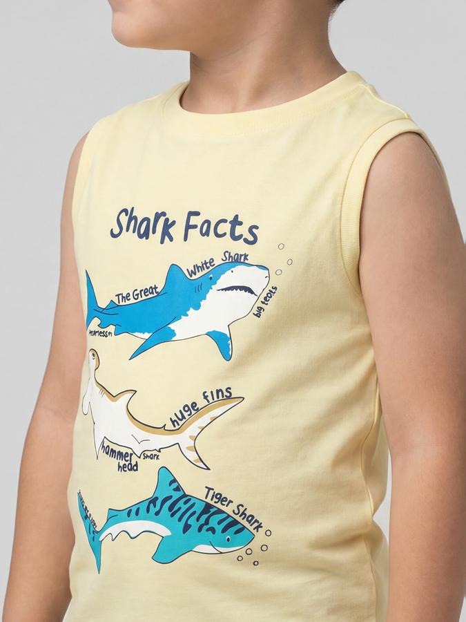 R&B Yellow Graphic Print Boys Round Neck Regular Fit Sleeveless T-Shirt 