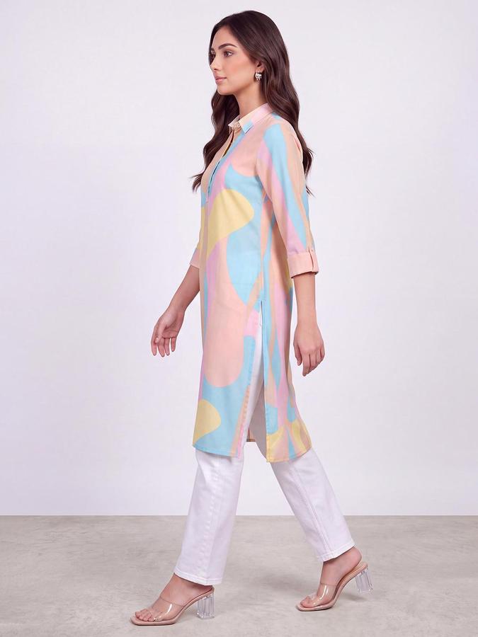 R&B Women Multi Color Abstract Print Shirt Collar Three-Quarter Sleeves Straight Kurta