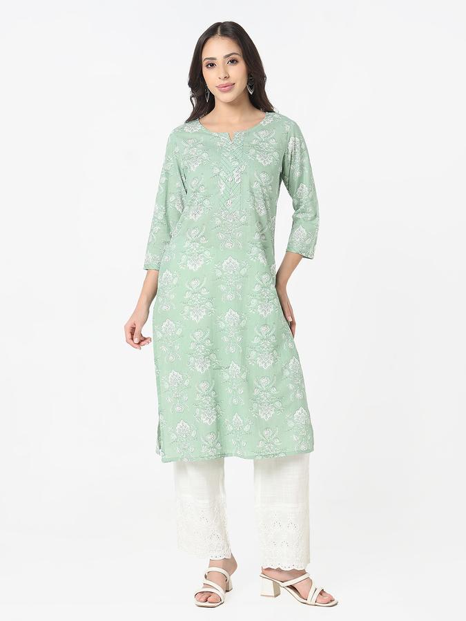 Women's regular fit casual floral block printed round neck sage straight kurta with couching  image number 1