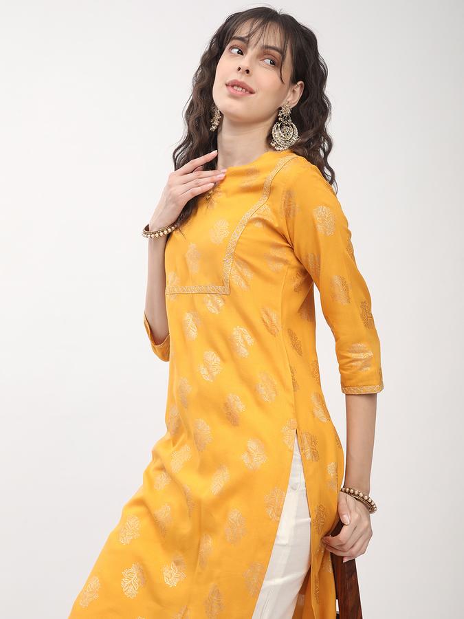 women's regular fit  gold printed round neck embroidered  mustard festive kurta