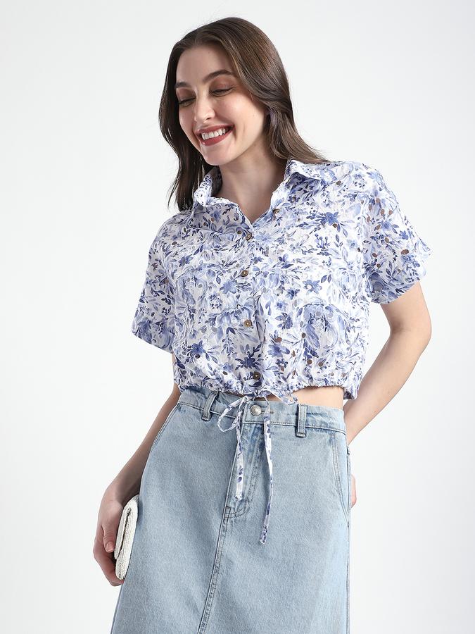 R&B Women Blue Floral Print Tie-Front Cropped Shirt
