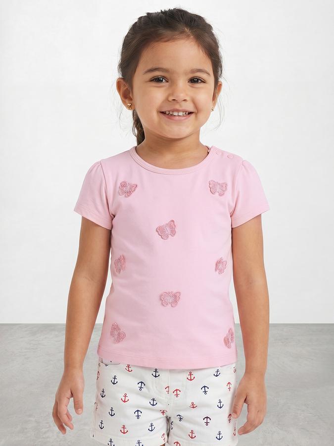R&B Girls Pink Regular Fit Butterfly Print Short Sleeve T-shirt