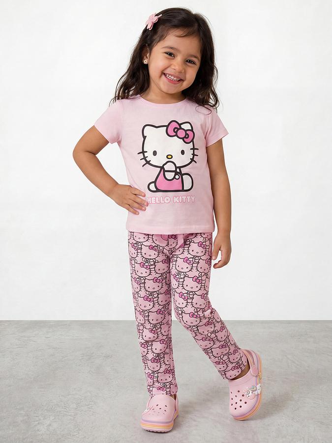 R&B Girls Pink Hello Kitty Print Short Sleeves Pure Cotton T-shirt &amp; Pyjamas Set