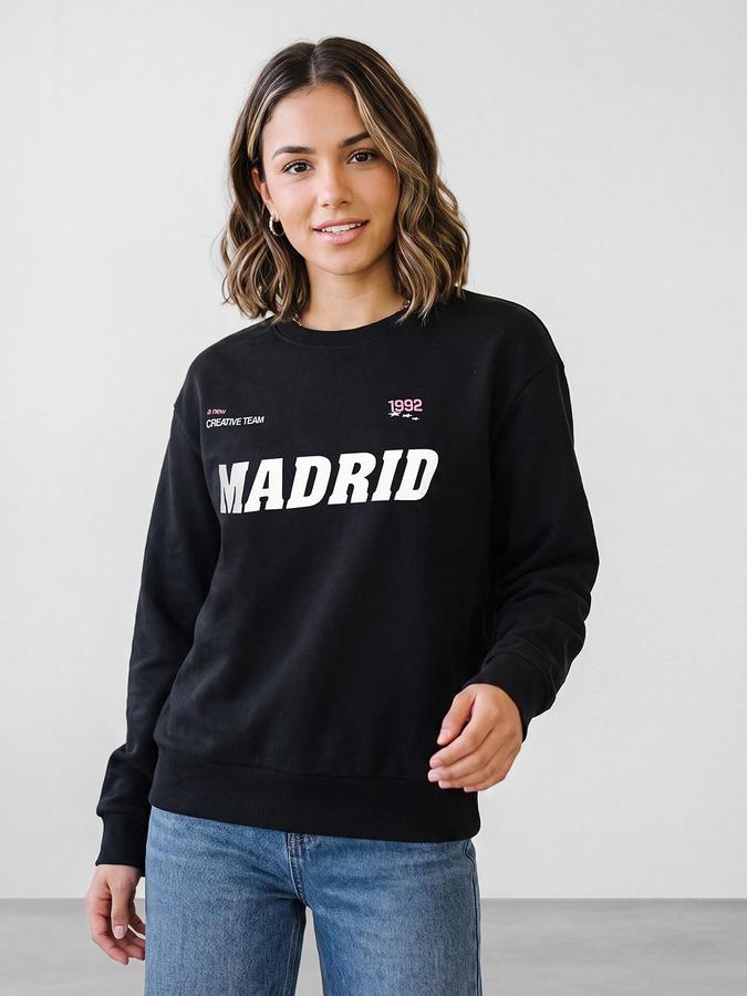 R&B Women Black Graphic Print Round Neck Long Sleeves Sweatshirt
