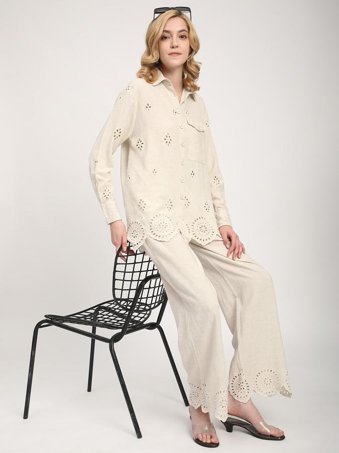 Women Viscose Relaxed Fit Shirt Collar Eyelet Top