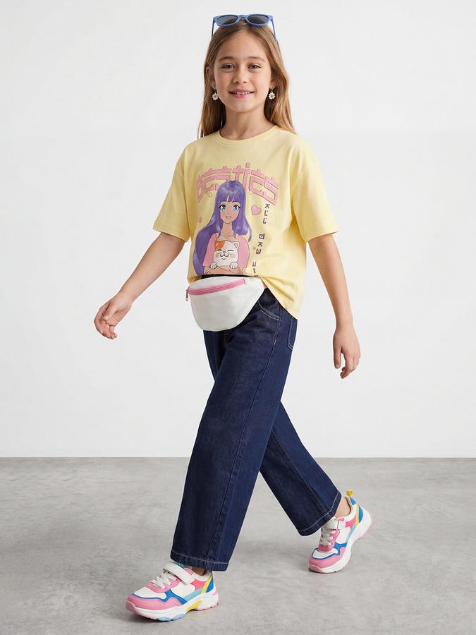 R&B Girls Yellow Regular Fit Kawaii Print Short Sleeve T-shirt