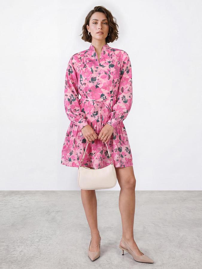 R&B Women Pink Floral Print Mandarin Collar Cuffed Long Sleeves Fit & Flare Mini Dress