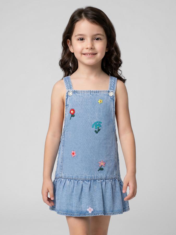 R&B Blue Floral Print Square Neck Sleeveless Pinafore Mini Girls Dress