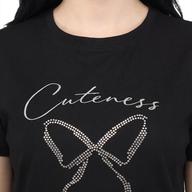 R&B Women Black Cotton Printed Round Neck T-Shirt