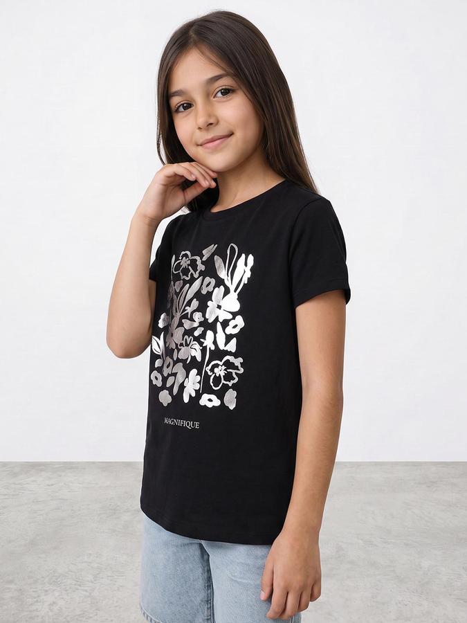 R&B Girls Black Floral Print Short Sleeves Round Neck Pure Cotton T-Shirt