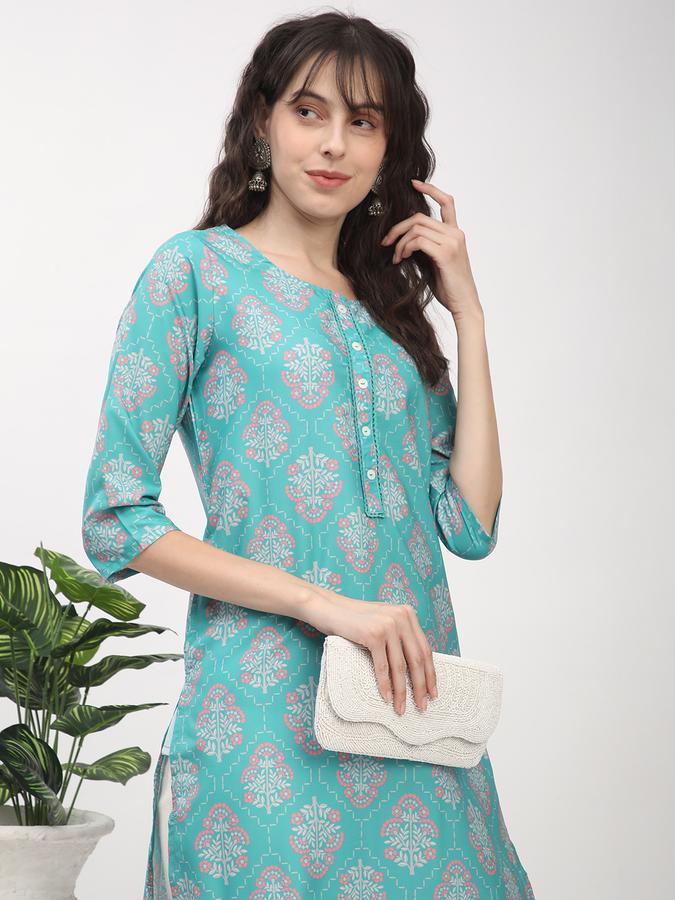 Women's regular fit casual white floral printed kurta with placket and 3/4th sleeves 