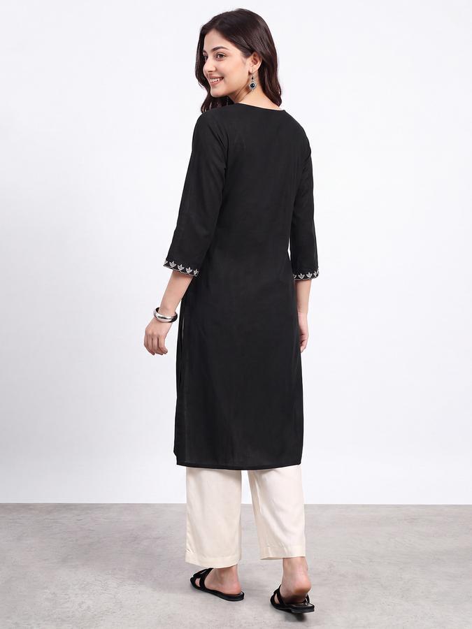 R&B Womens Black Three-Quarter Sleeves Round Neck Floral Embroidery Straight Kurta