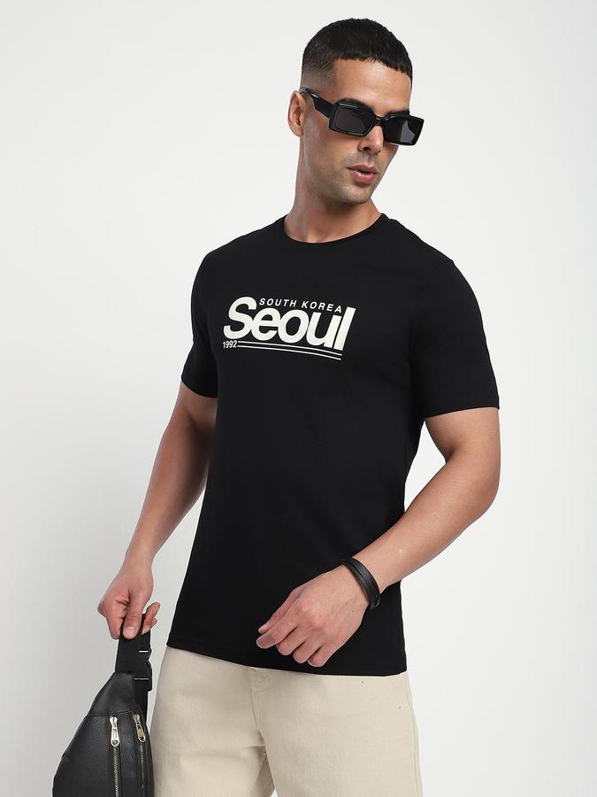R&B Men Black Typography Printed Pure Cotton Short Sleeves Tshirt