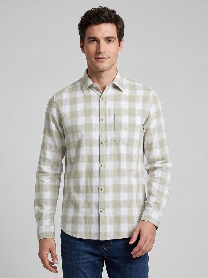 R&B Beige Checked Men Spread Collar Long Sleeves Shirt