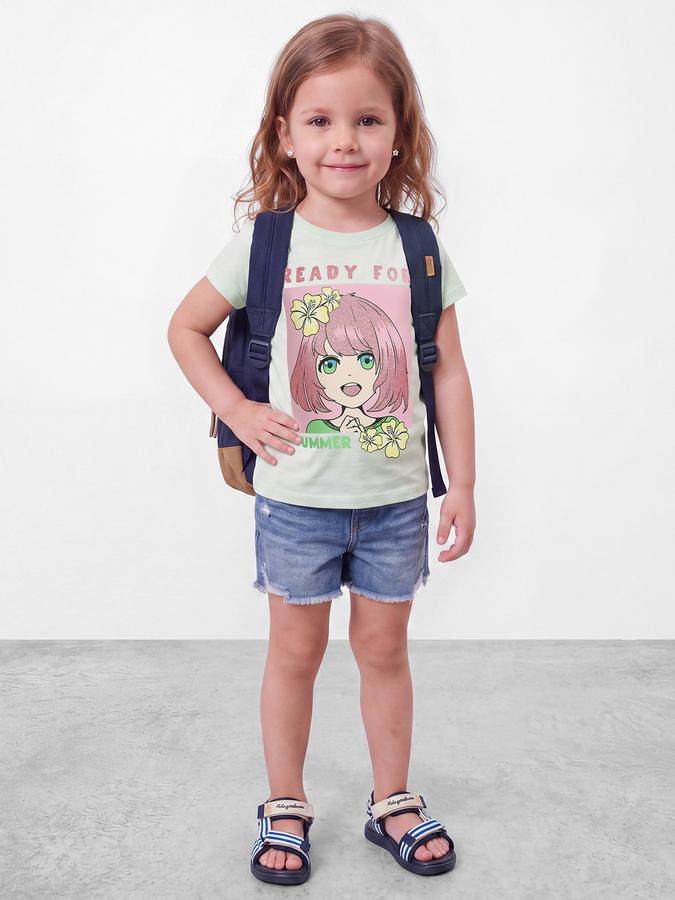 R&B Girls Green Kawaii Graphic Print  Short Sleeves Pure Cotton T-shirt
