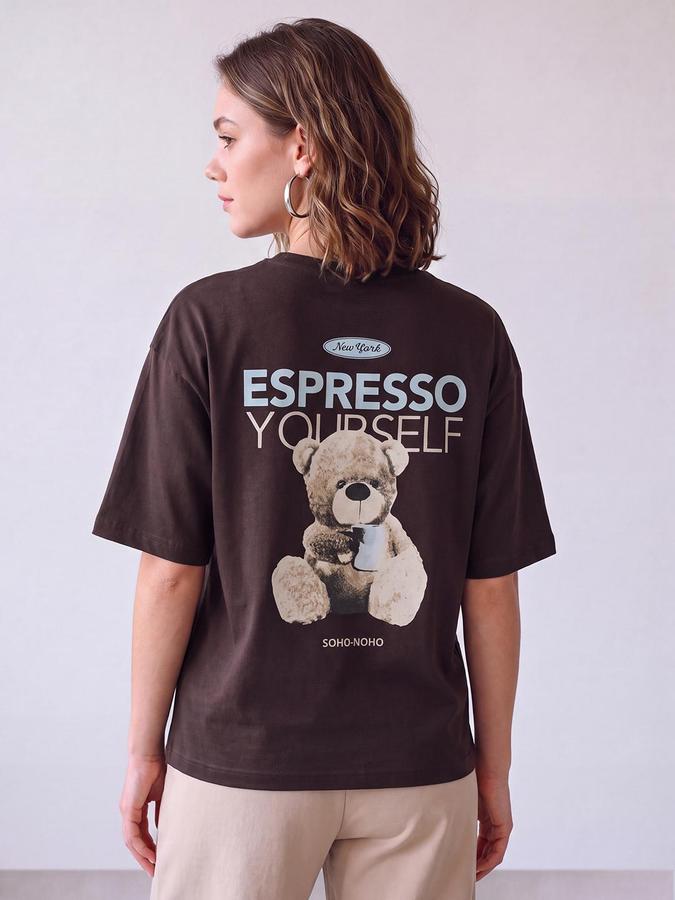 R&B Women Coffee Teddy Bear Graphic Print Pure Cotton Round Neck Short Sleeves T-Shirt