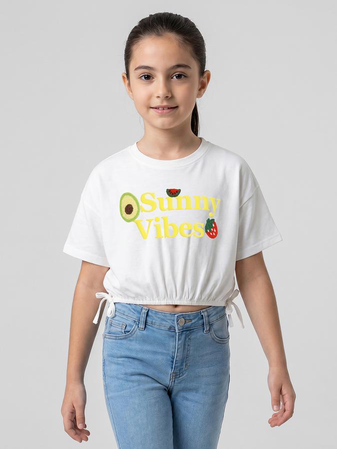 R&B White Graphic Print Girls Round Neck Regular Fit Short Sleeves T-Shirt 