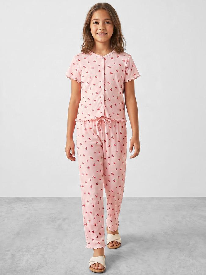 R&B Girls Pink Printed Round Neck Short Sleeves Pure Cotton Shirt &amp; Pyjamas Set