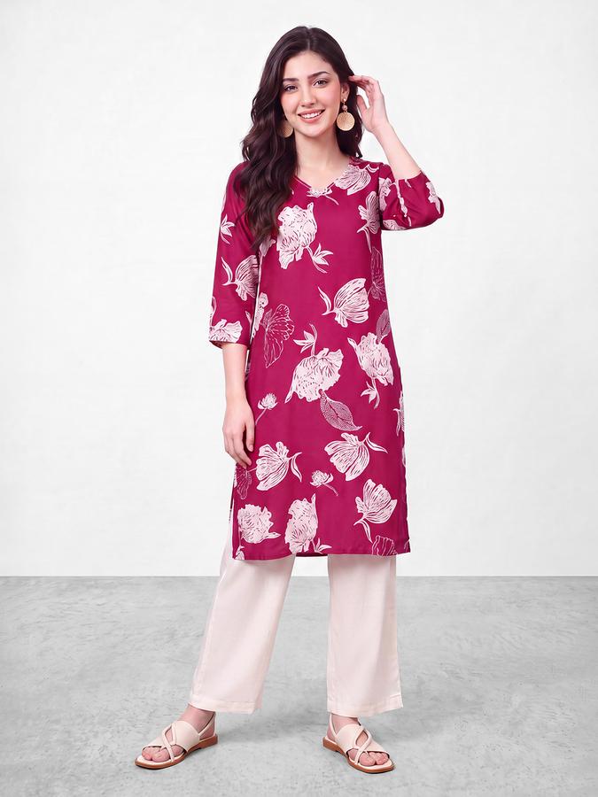 R&B Womens Magenta Three-Quarter Sleeves V Neck Floral Printed Straight Kurta