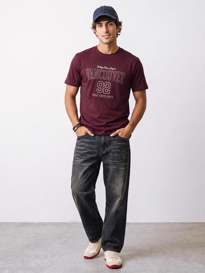 R&B Men Plum Short Sleeve Round Neck Typography Print T-Shirt