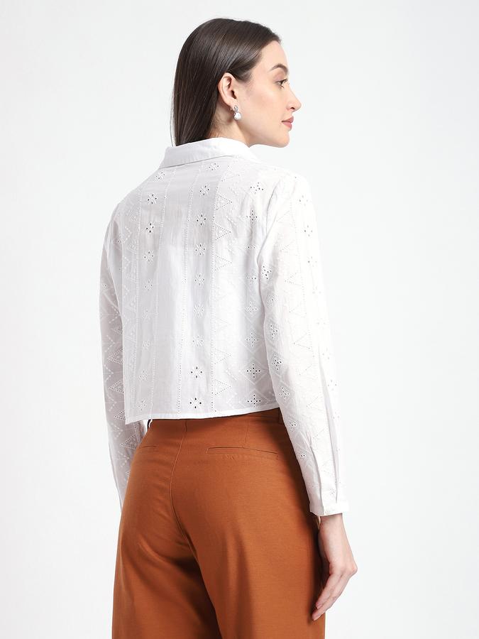 R&B Women Ivory Textured Eyelet Cropped Shirt