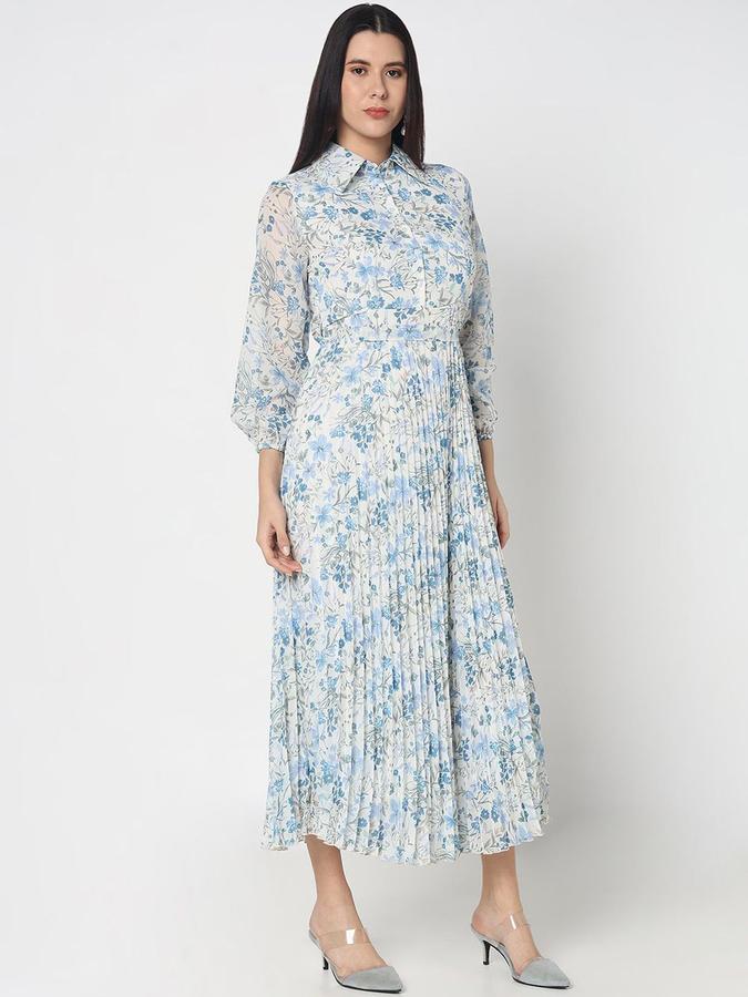 R&B Women Blue Floral Long Sleeves Shirt Collar Maxi Fit &amp; Flare Dress