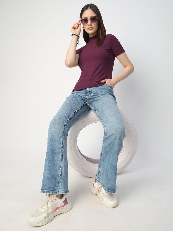 Women Viscose Fitted High Neck Ribbed T-shirt