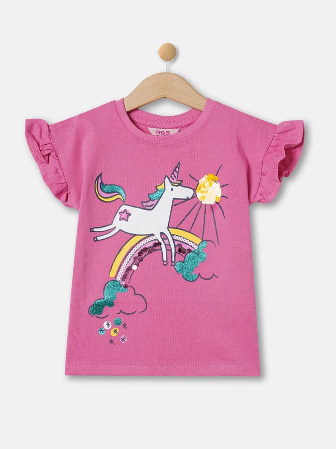 Girls Cotton Regular Fit Crew Neck Short Sleeve Graphic Top