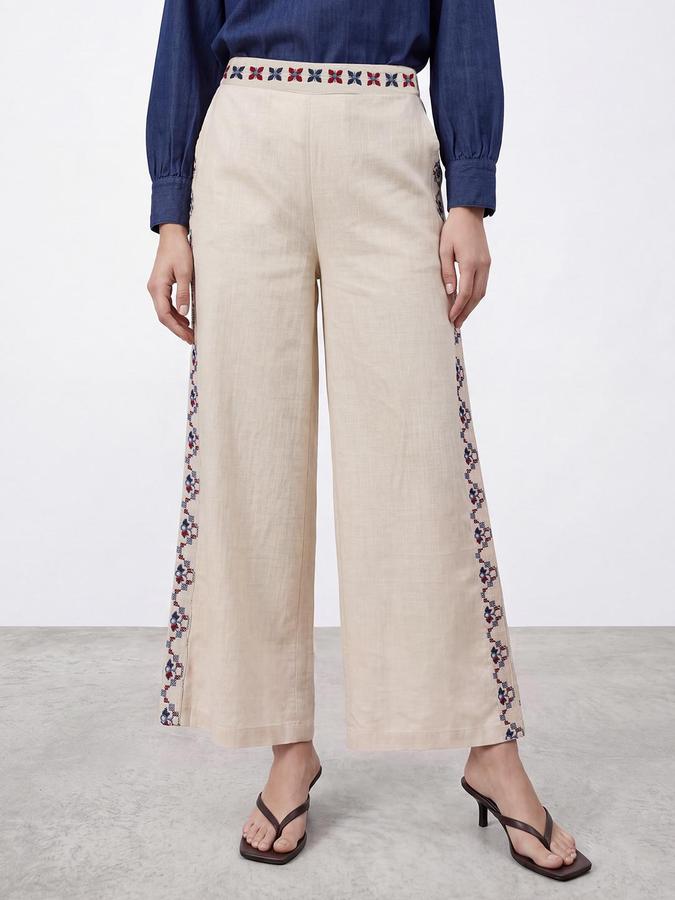 R&B Women Off White Embroidered Flat Front Palazzo