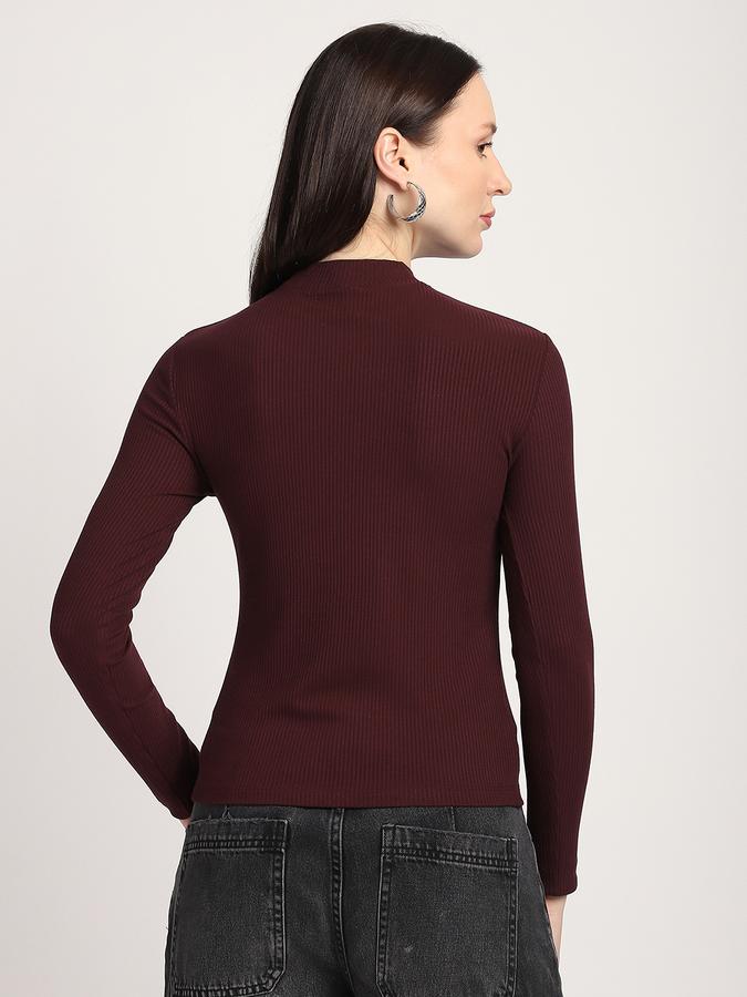 R&B Women Wine Solid Ribbed Top