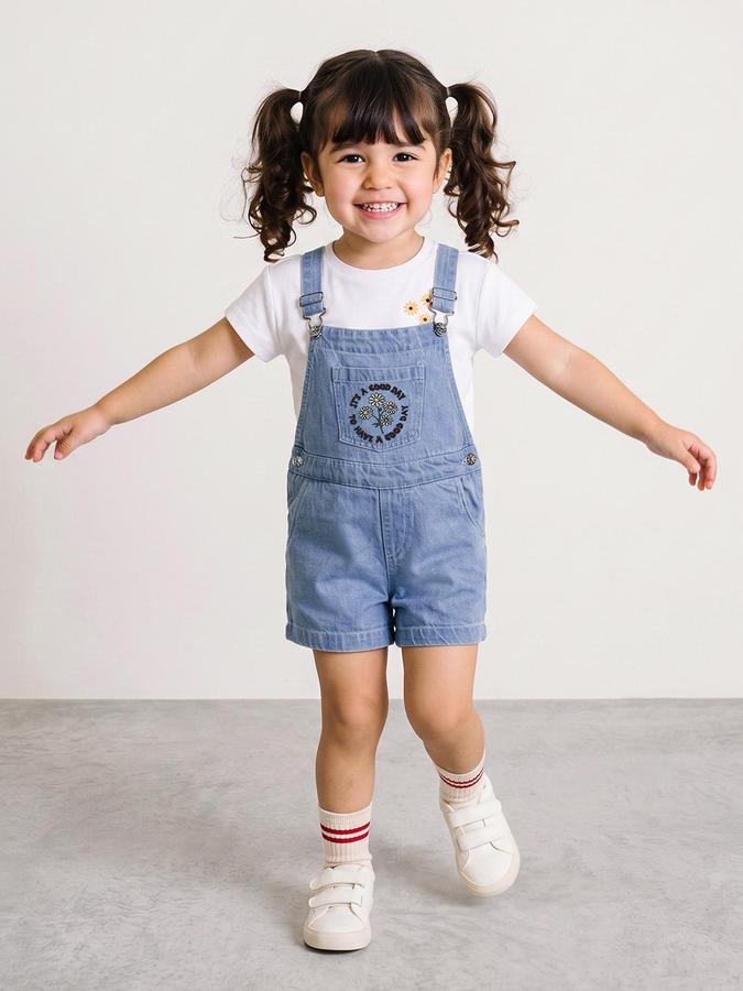 R&B Girls Blue Floral Embroidered Short Dungarees