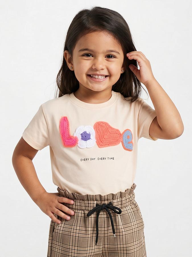 R&B Girls Yellow Regular Fit Love Embroidered Short Sleeve T-shirt