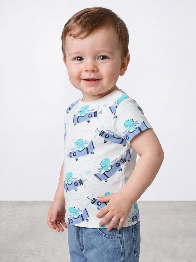 R&B Boys Ivory Short Sleeve Round Neck Aeroplane Graphic Print T-Shirt