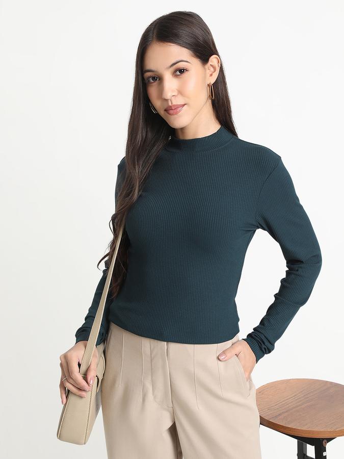 R&B Women Teal Solid Ribbed Top