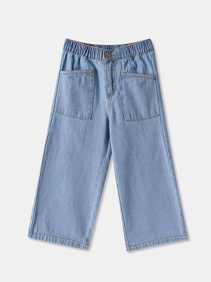 Girls Denim Wide Leg Elastic Waist Washed Jeans