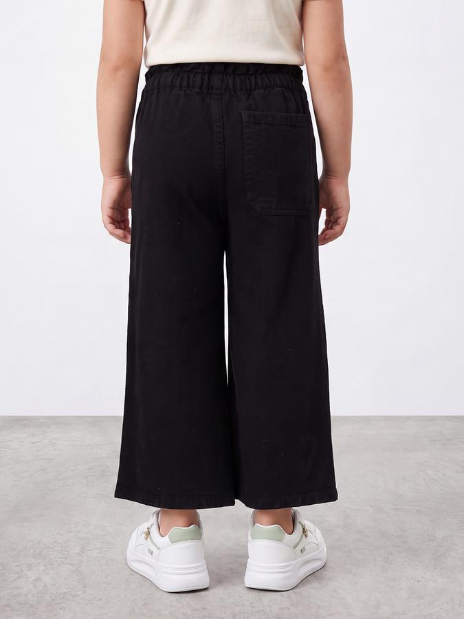 R&B Girls Black Solid Pure Cotton Wide Leg Mid Rise Trousers