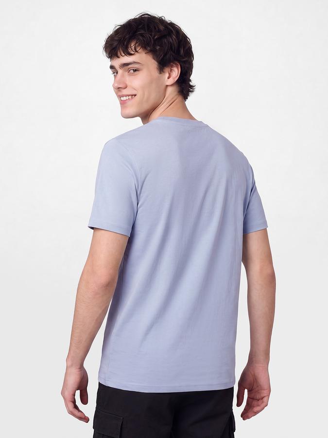 R&B Men Dusty Blue Typographic Print Short Sleeves Pure Cotton Tshirt