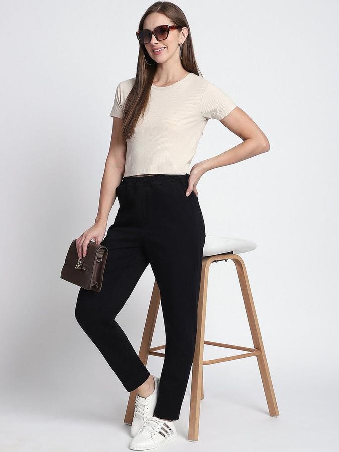 R&B Womens Cream Self Design Round Neck Short Sleeves T-shirt