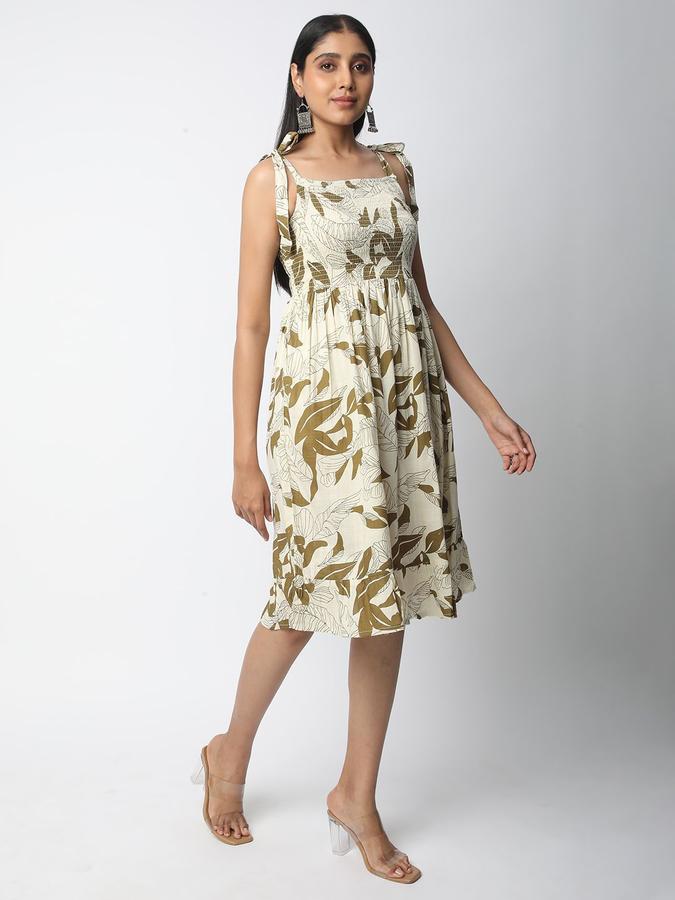 R&B Women Olive Printed Sleeveless Square Neck Knee Length Fit &amp; Flare Dress