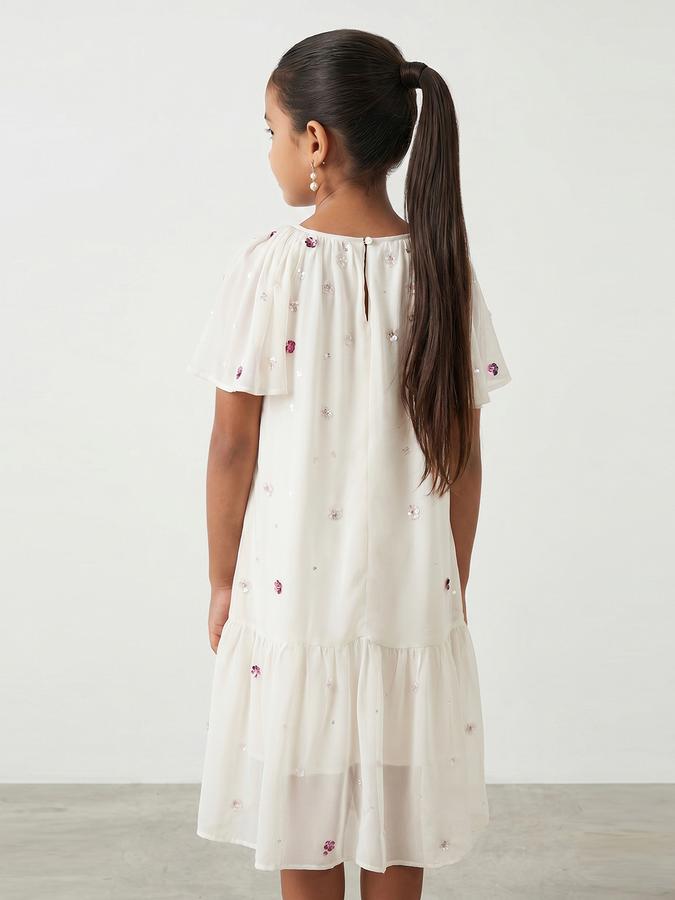 R&B Girl White Embroidery Floral Pure Cotton Flutter Sleeves A-Line Dress