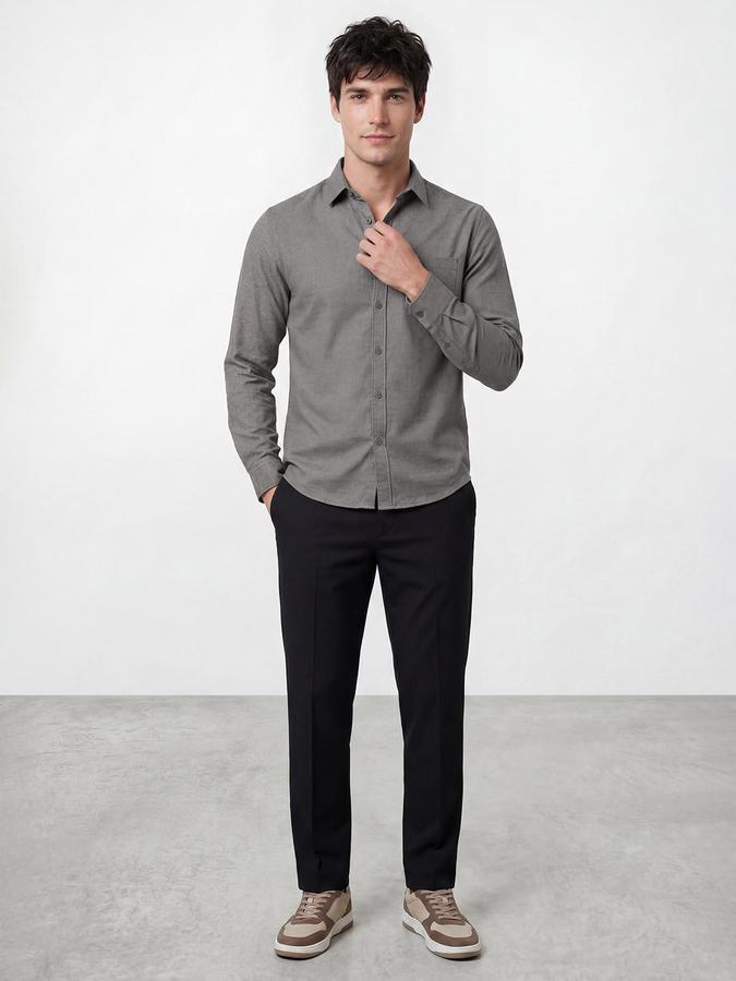 R&B Men Grey Solid Spread Collar Long Sleeves Regular Fit Shirt