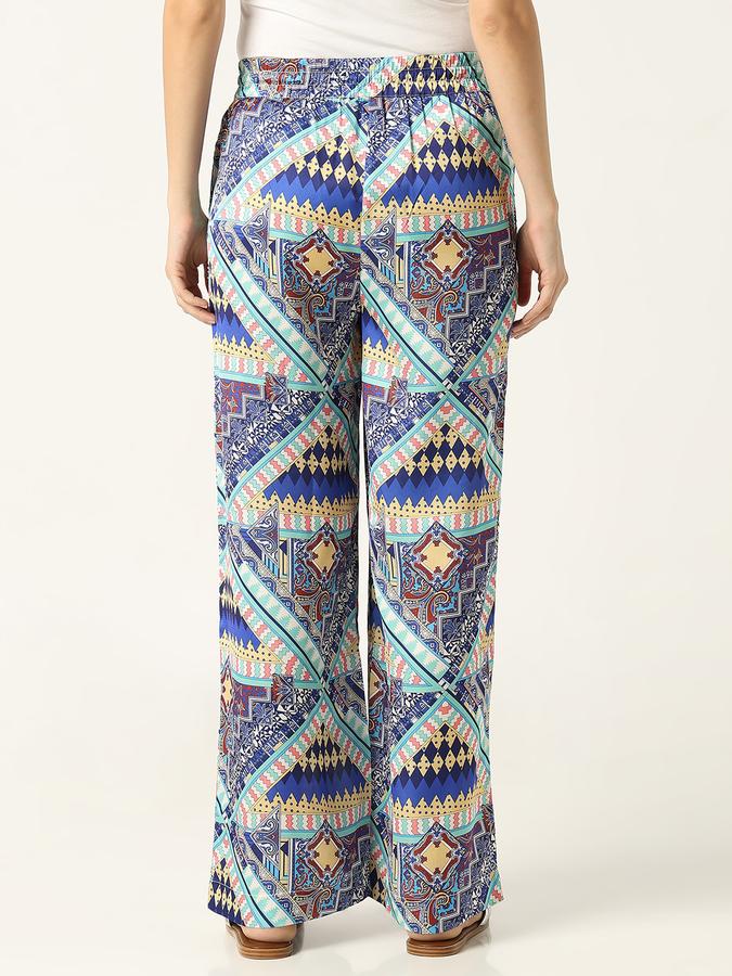 R&B Women Blue Geometric Print Wide-Leg Palazzo Trousers