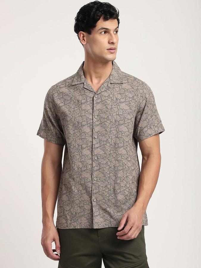 R&B Men Olive Floral Print Half Sleeves Cuban Collar Relaxed Fit Shirt