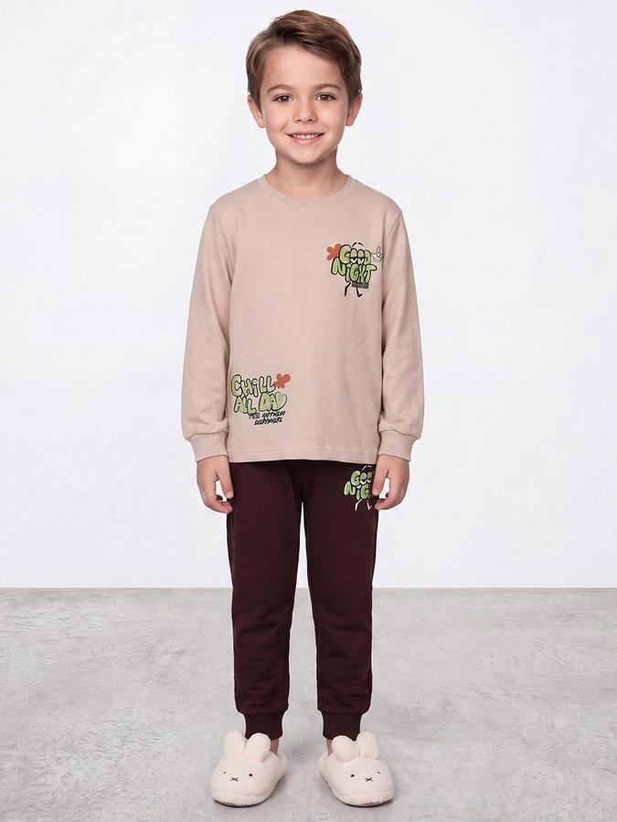 R&B Boys Brown Graphic Print Round Neck Sweatshirt and Joggers Set