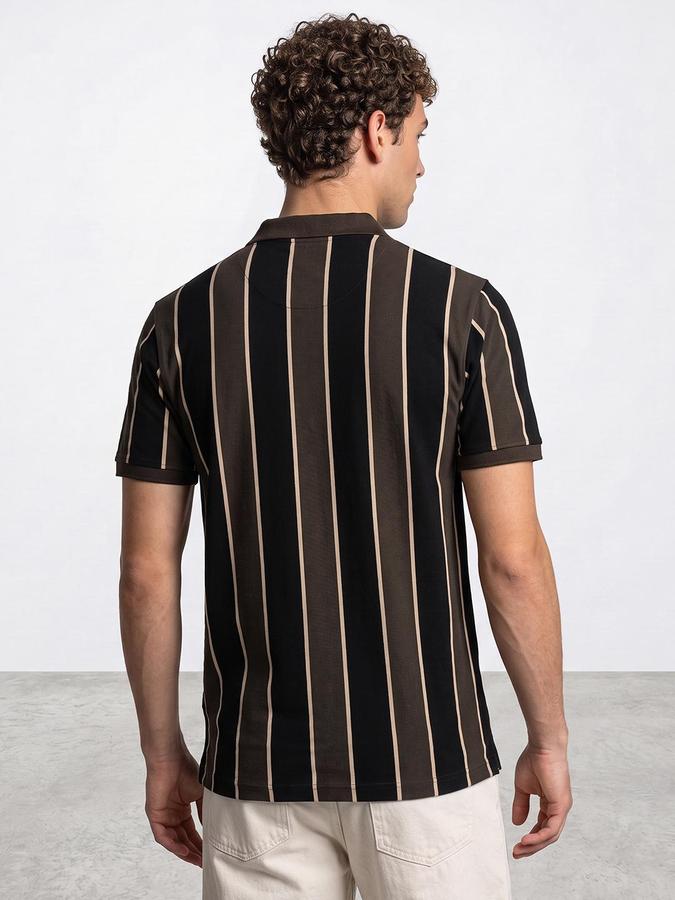 R&B Men Brown Striped Short Sleeves Polo Collar Pure Cotton T-Shirt