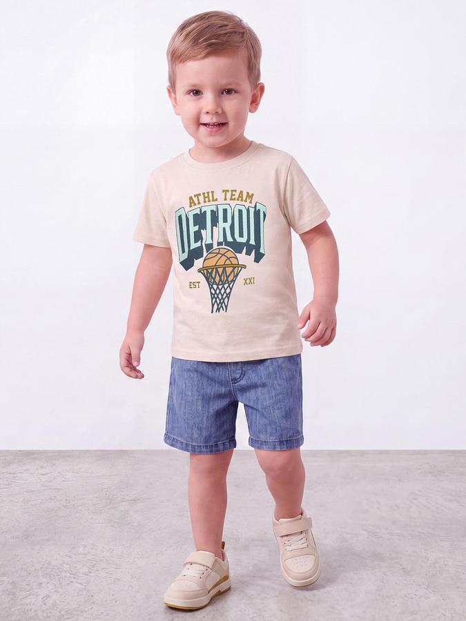 R&B Boys Light Beige Short Sleeve Round Neck Football Graphic Print T-Shirt