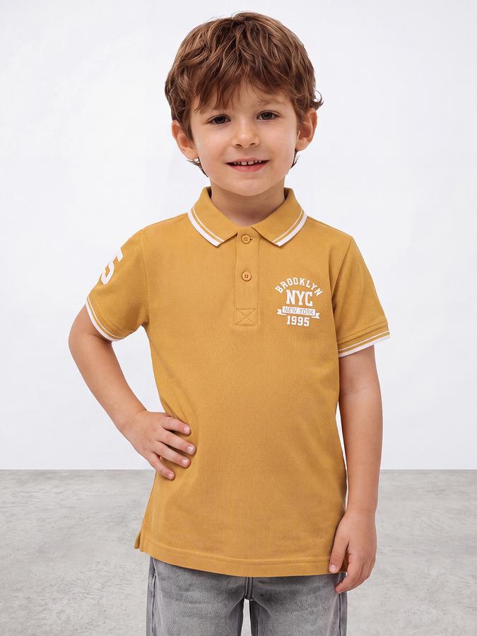 R&B Boys Mustard Collegiate Badge Printed Polo Collar Short Sleeves Pure Cotton T-shirt