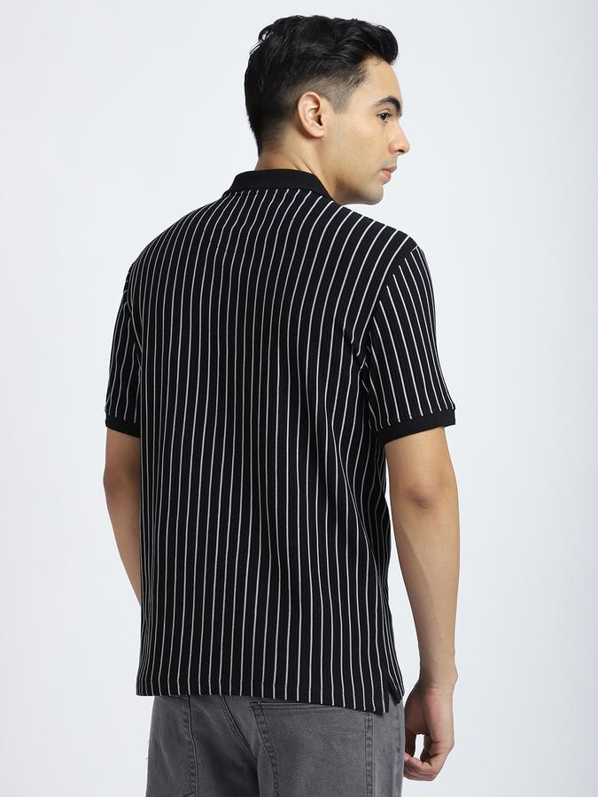 Men Cotton Blend Regular Fit Polo Neck Striped T-shirt